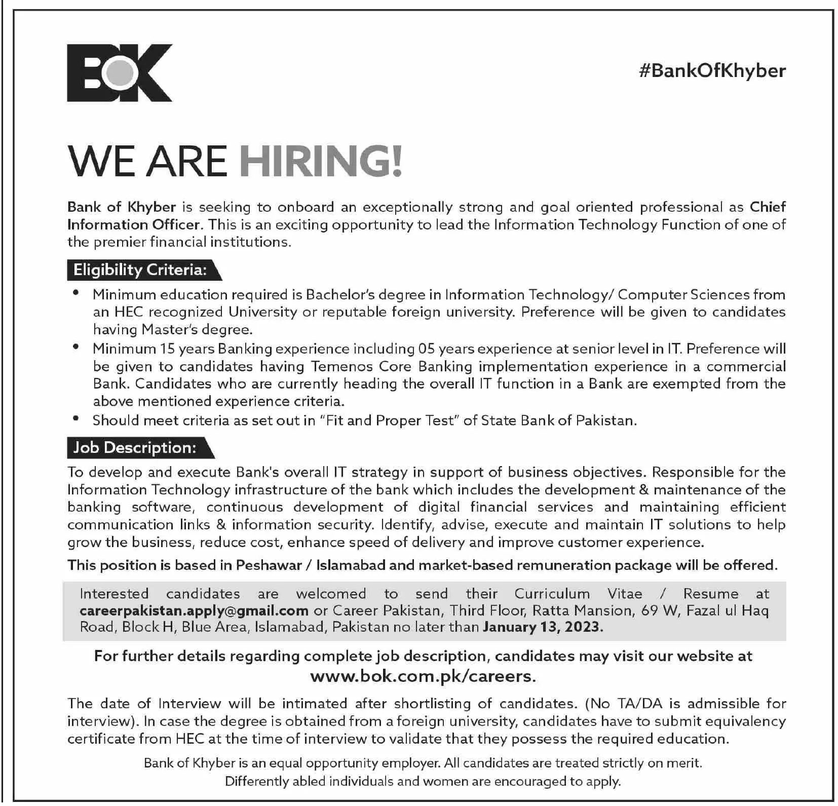 Bank of Khyber BOK Jobs 2023 Jobs 2022 — original advertisement
