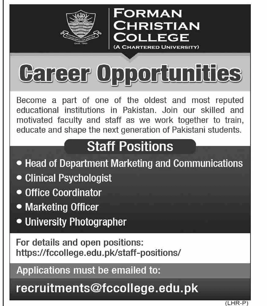 Forman Chrisrtian College Jobs 2023 – Forman Christian College Lahore Jobs 2022 — original advertisement