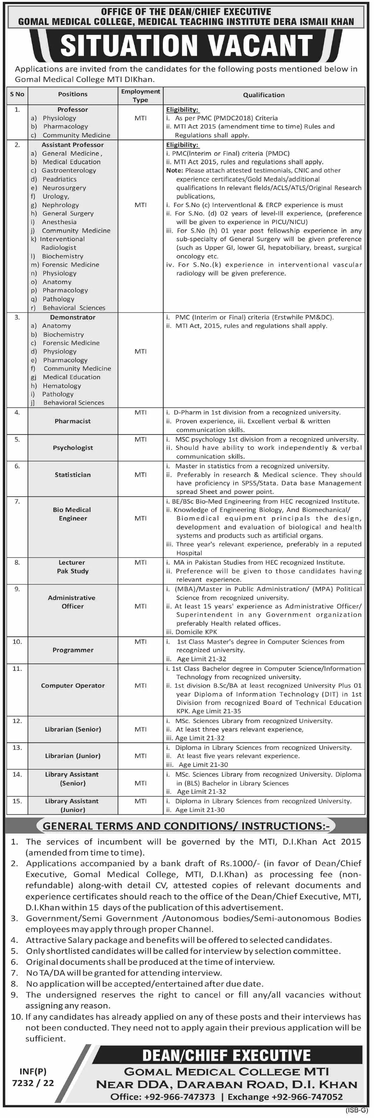 Gomal Medical College Dera Ismail Khan Jobs 2023 – Gomal Medical College – Dera Ismail Khan Jobs 2022 — original advertisement