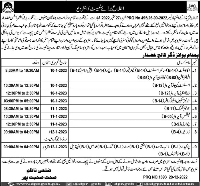 Test & Interview in Health Department Sohbatpur Jobs 2023 – Health Department Balochsitan Jobs 2022 — original advertisement