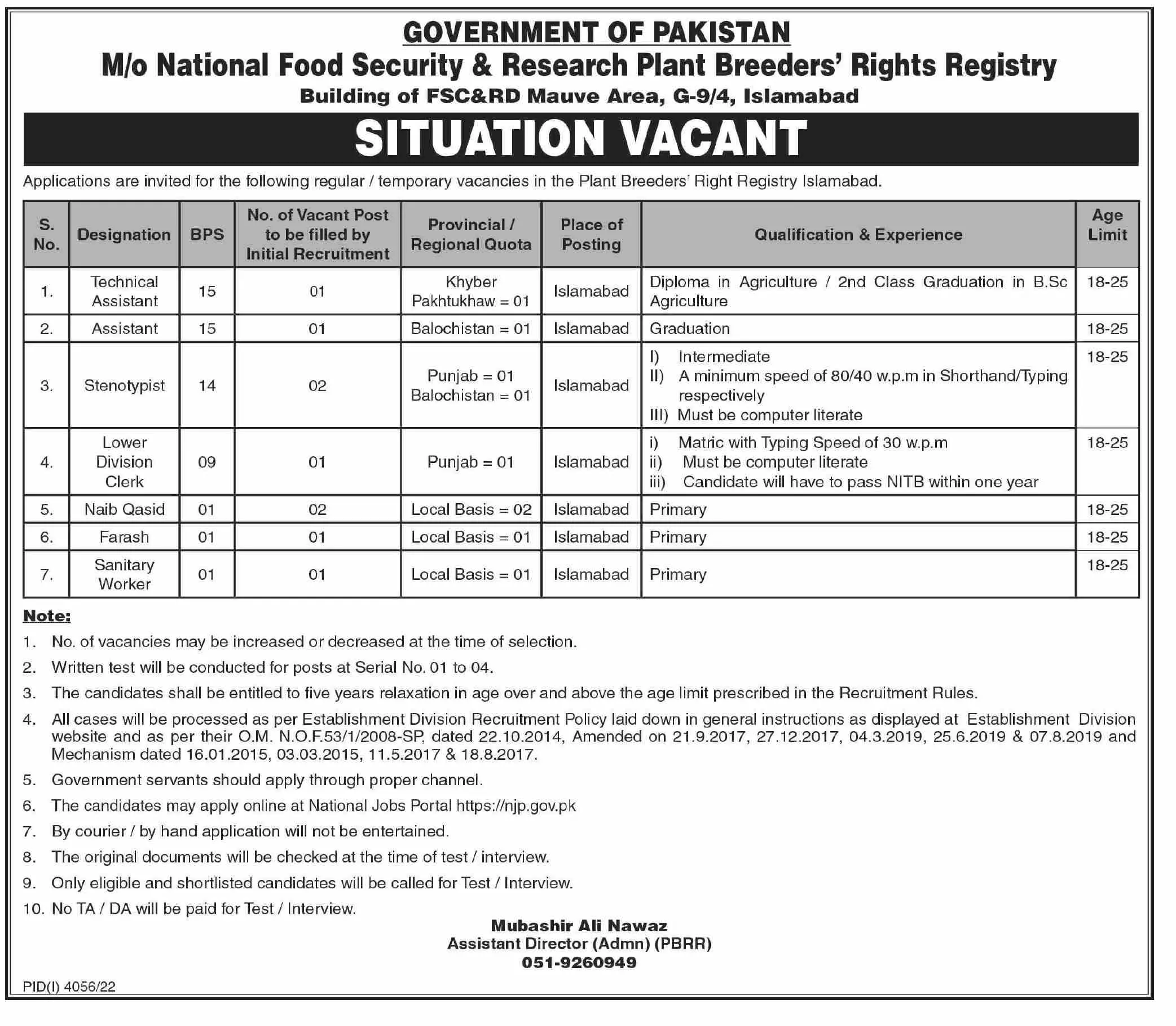 National Food Security & Research Islamabad Jobs 2023 – Ministry of National Food Security & Research Jobs 2022 — original advertisement