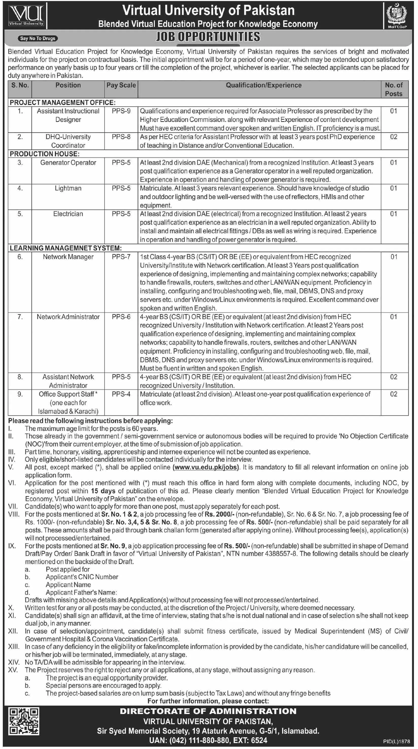 Virtual University of Pakistan Jobs 2023 Jobs 2022 — original advertisement