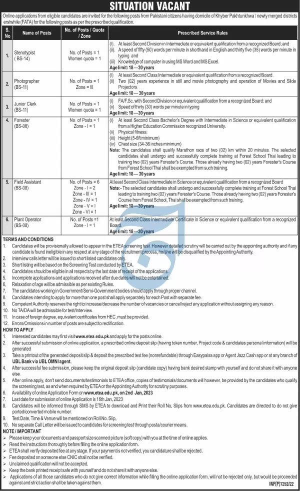 Pakistani Citizens Fata Khyber Pakhtunkhwa Jobs 2022 Jobs 2022 — original advertisement