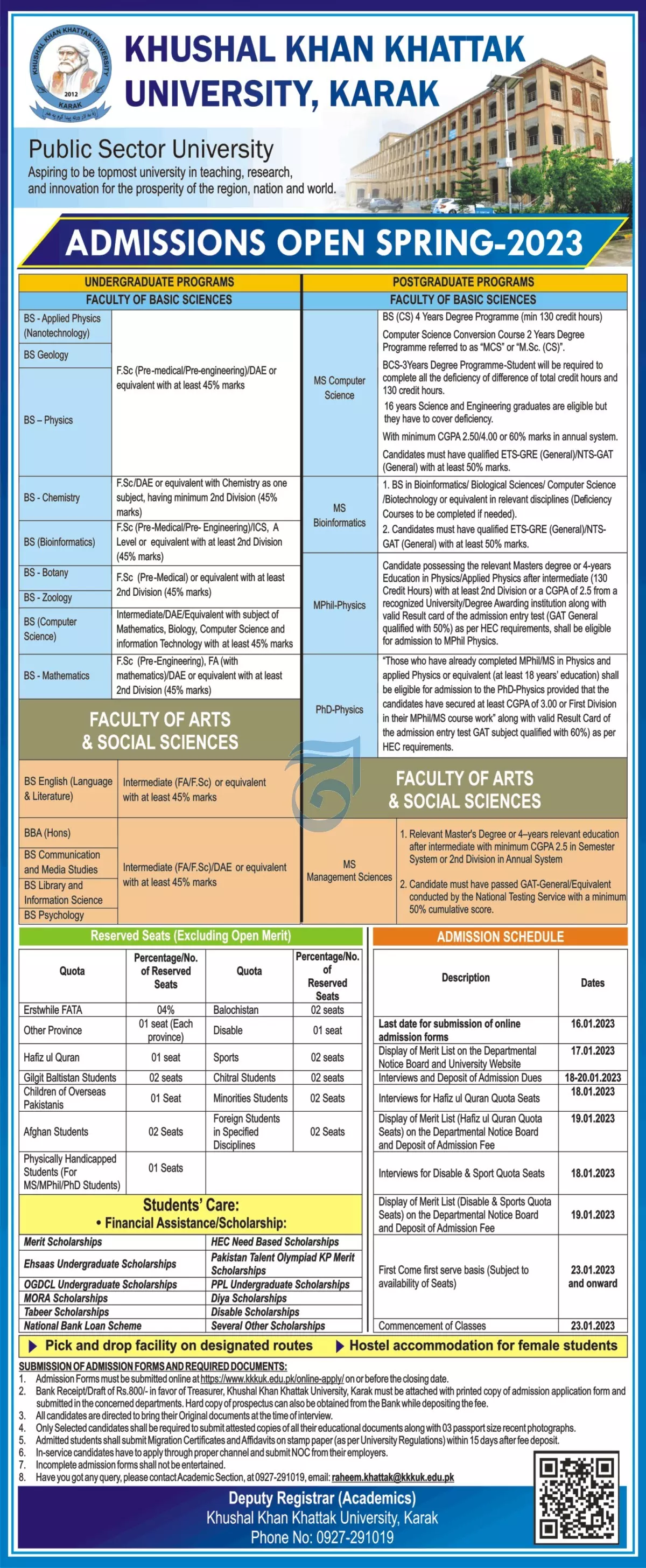 Khushal khan Khattak University Karak Admissions 2023 Admissions 2022 — original advertisement