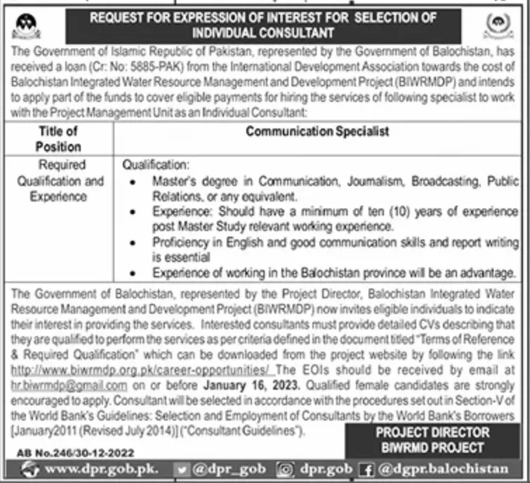 Balochistan Integrated Water Resources Management Jobs 2023 – Govt of Balochistan Jobs 2022 — original advertisement