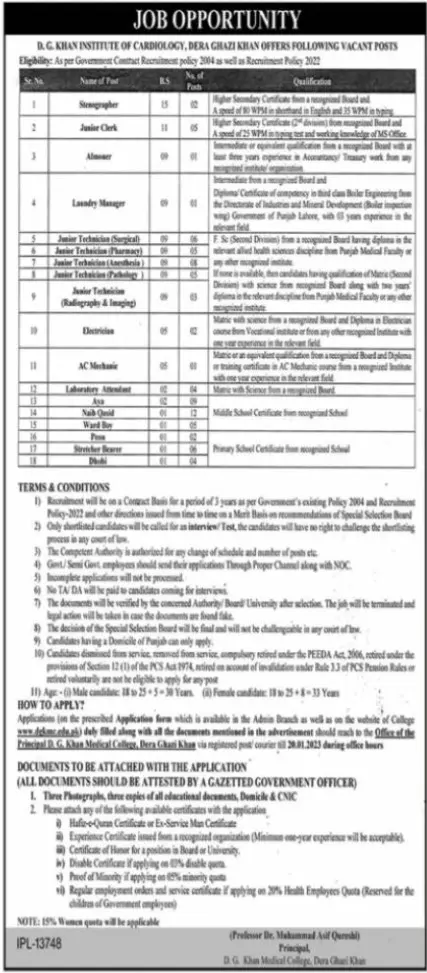 Institute of Cardiology Dera Ghazi Khan Jobs 2023 Jobs 2022 — original advertisement