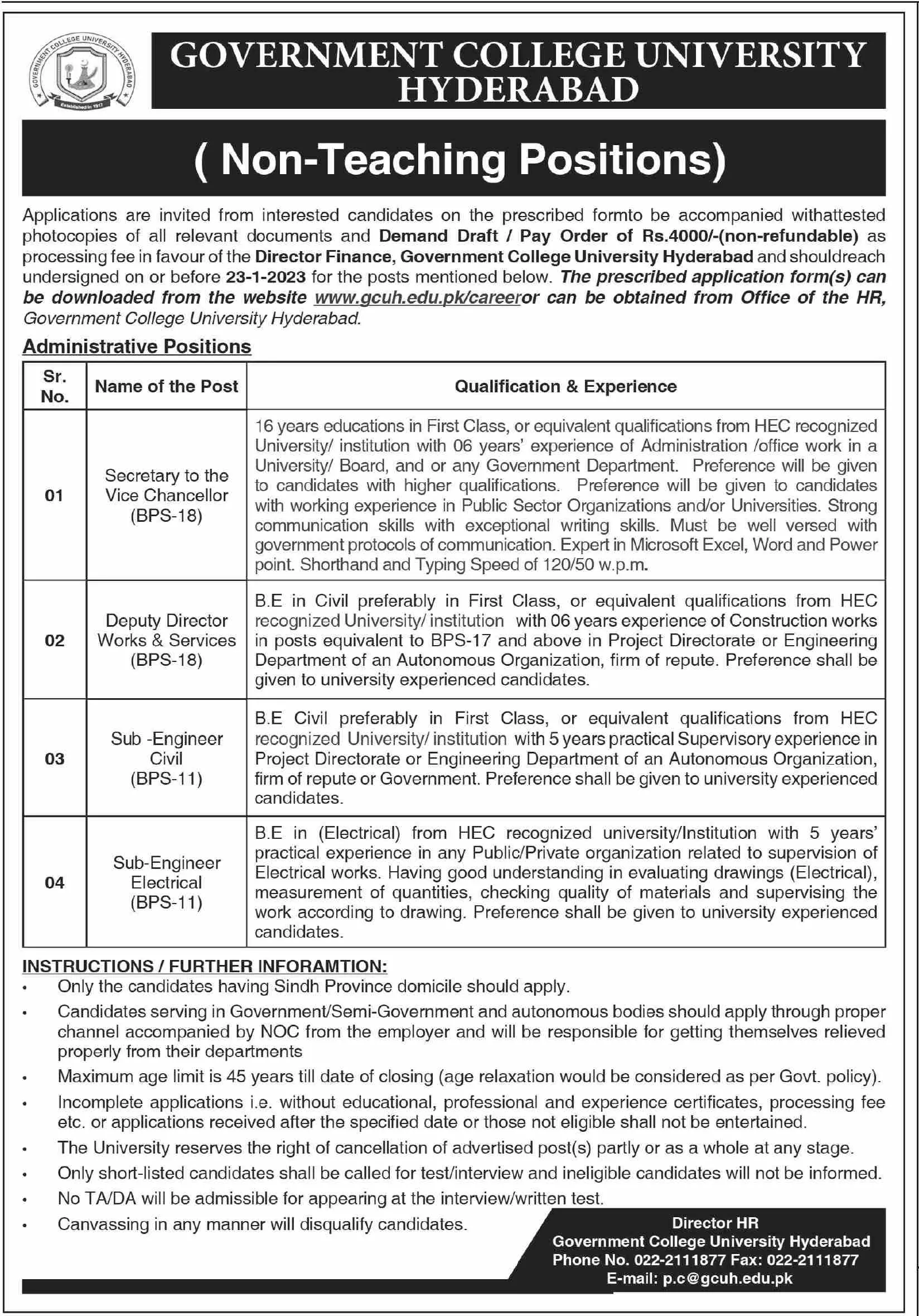 Government College University Hyderabad Jobs 2023 Jobs 2022 — original advertisement