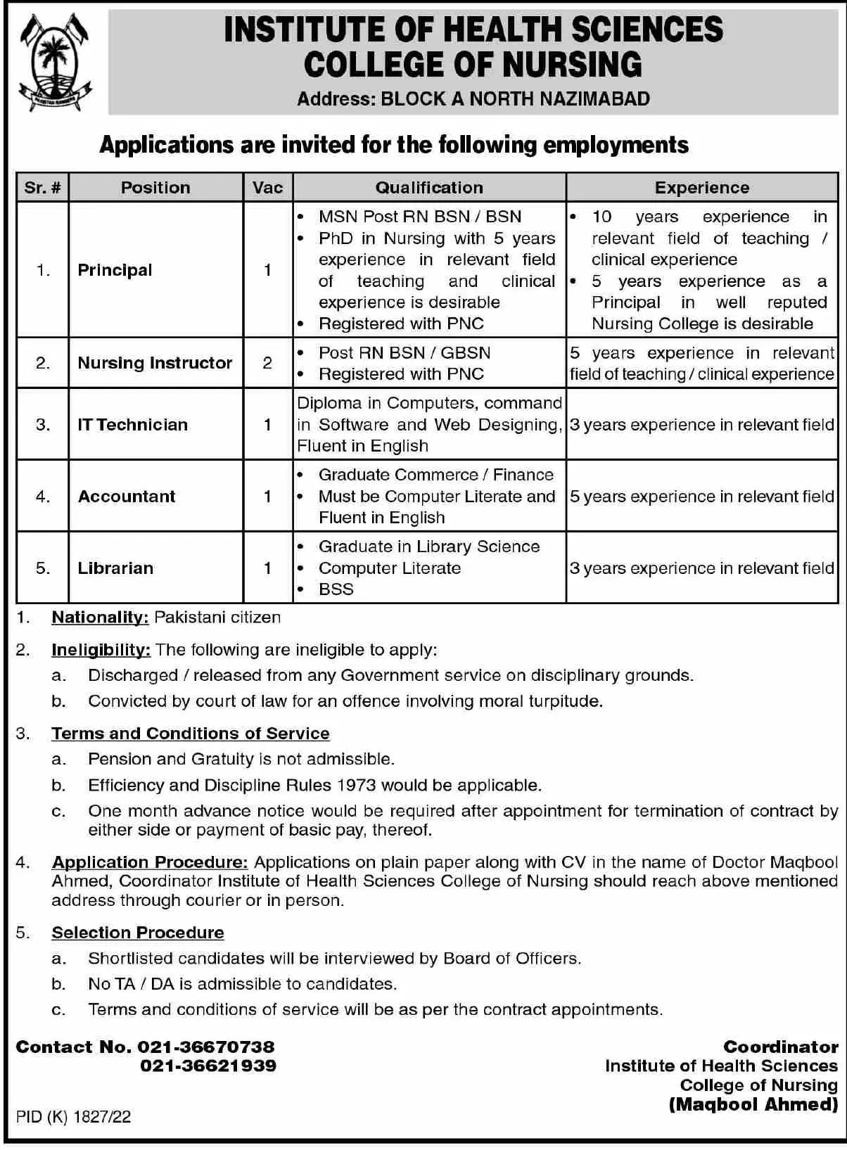 Institute of Health Sciences College of Nursing Jobs 2023 – MTI College of Nursing BKMC Mardan Jobs 2022 — original advertisement