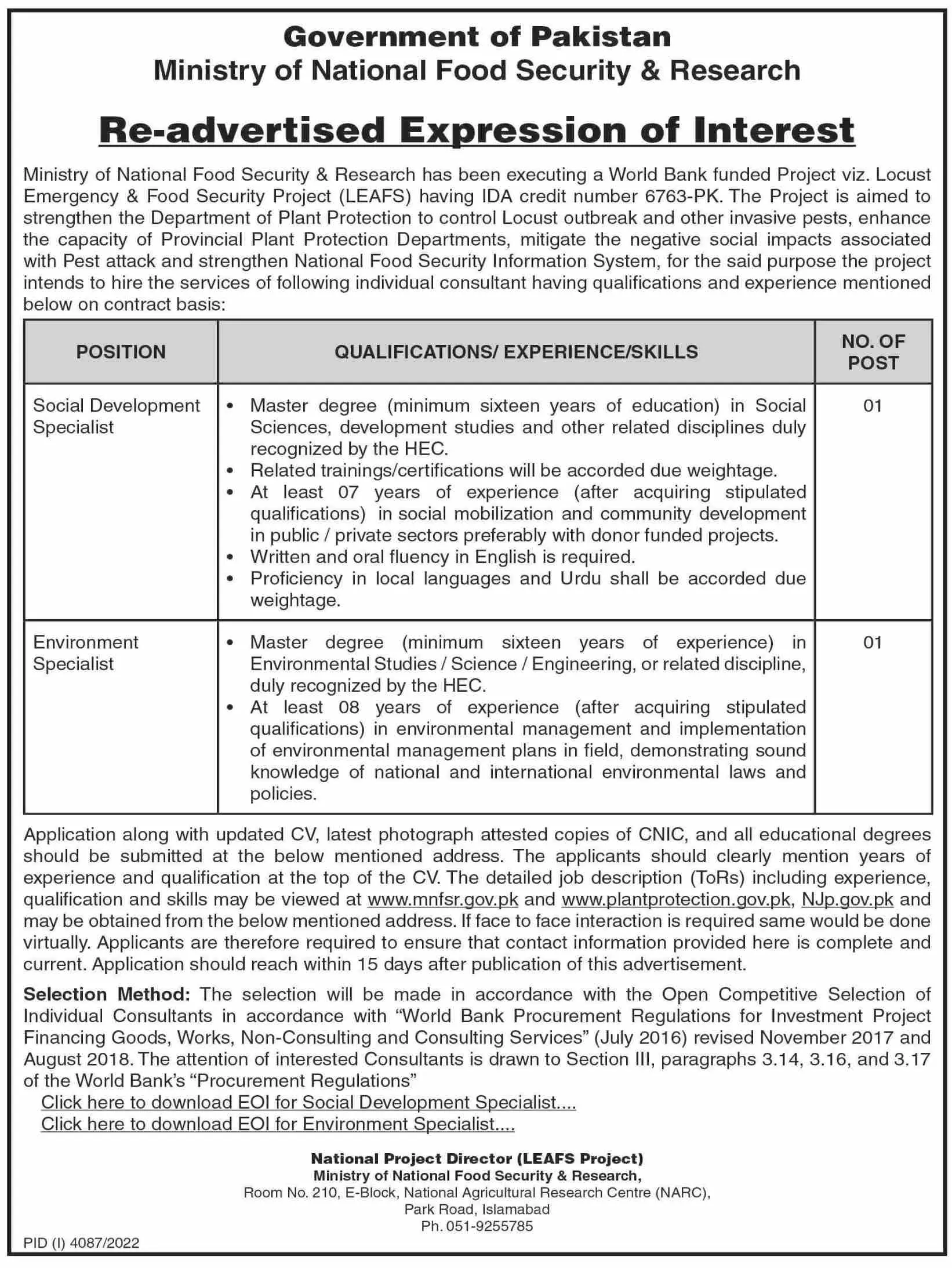 Ministry of National Food Security & Research Jobs 2023 Jobs 2022 — original advertisement