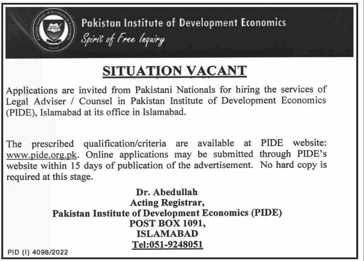 Pakistan Institute of Development Economics Islamabad Jobs – Pakistan Institute of Development Economics (PIDE) Jobs 2022 — original advertisement
