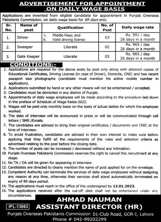 Punjab Overseas Pakistan Commission Jobs 2023 Jobs 2022 — original advertisement
