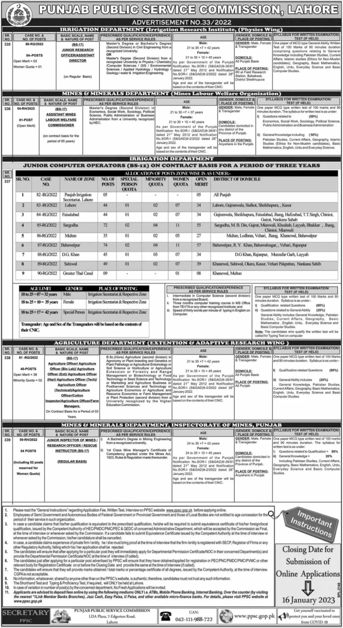 Punjab Public Service Commission Jobs 33/2023 – Punjab Public Service Commission Lahore Jobs 2022 — original advertisement