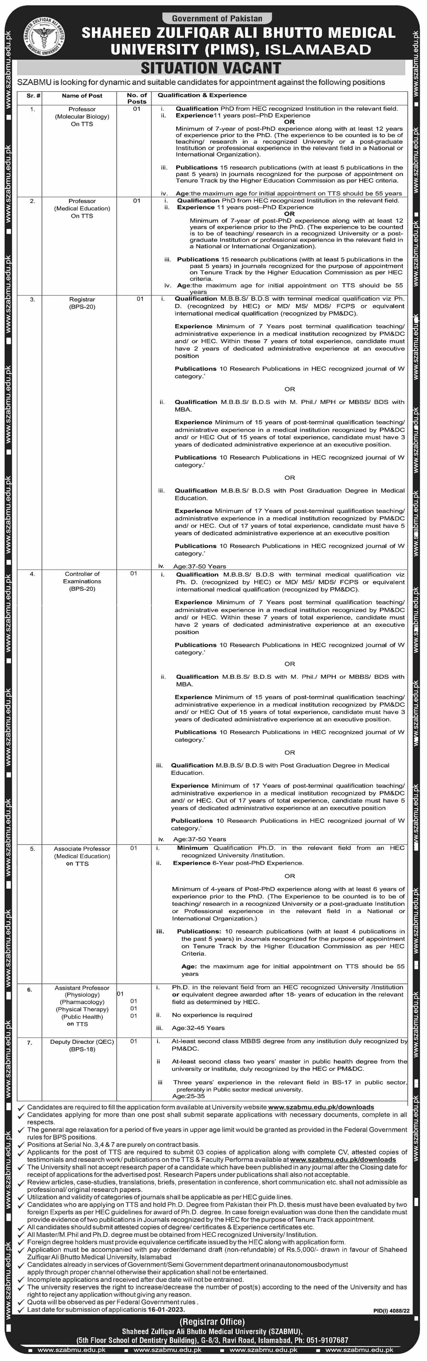 Shaheed Zulfiqar Ali Bhutto Medical University Jobs 2023 – Shaheed Zulfiqar Ali Bhutto Medical University Islamabad Jobs 2022 — original advertisement