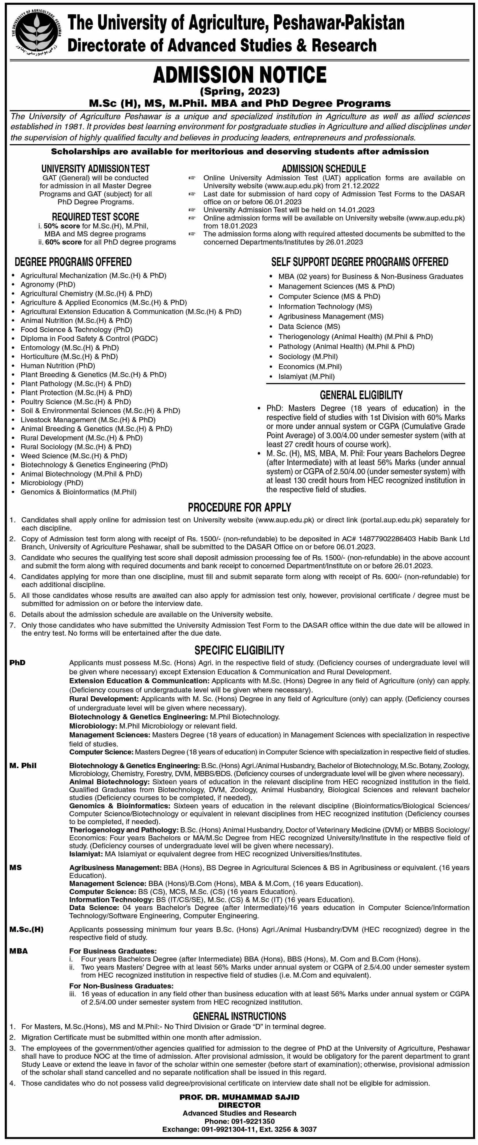 University of Agriculture Peshawar Admissions 2023 – University of Agriculture, Peshawar Admissions 2022 — original advertisement