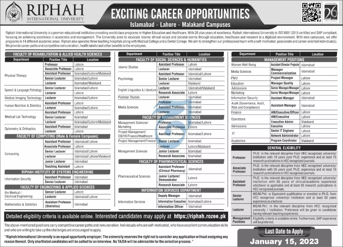 Riphah International University Islamabad Jobs 2023 Jobs 2023 — original advertisement