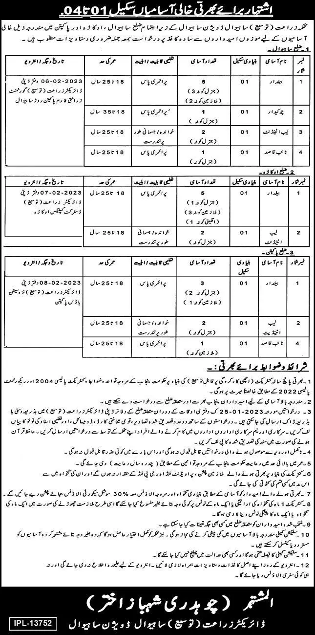 Agriculture Department Punjab Sahiwal Jobs 2023 Jobs 2023 — original advertisement