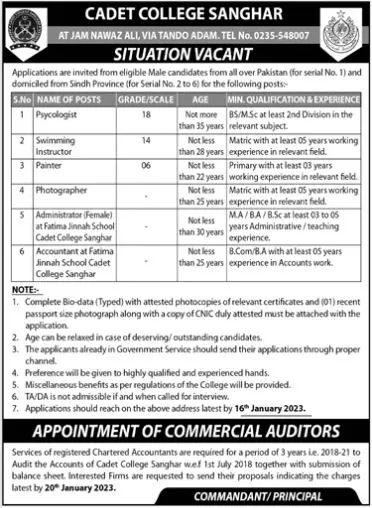 Cadet College Sanghar Sindh Jobs 2023 Jobs 2023 — original advertisement