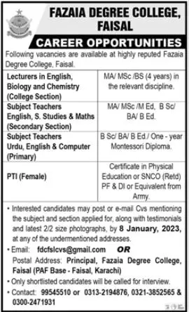 Fazaia Degree College Faisal Karachi Jobs 2023 – Fazaia Schools & Colleges Jobs 2023 — original advertisement