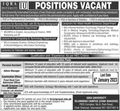 Iqra University Islamabad Campus Jobs 2023 Admissions 2023 — original advertisement