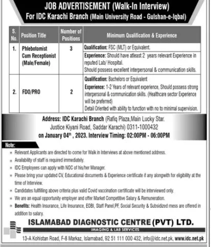 Islamabad Diagnostic Centre PVT LTD Jobs 2023 Jobs 2023 — original advertisement