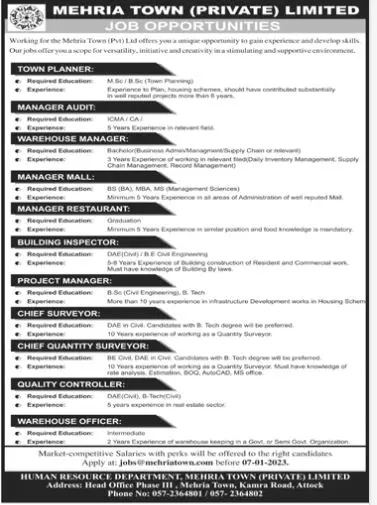 Mehria Town Private Limited Attock Jobs 2023 – Private Company Jobs 2023 — original advertisement