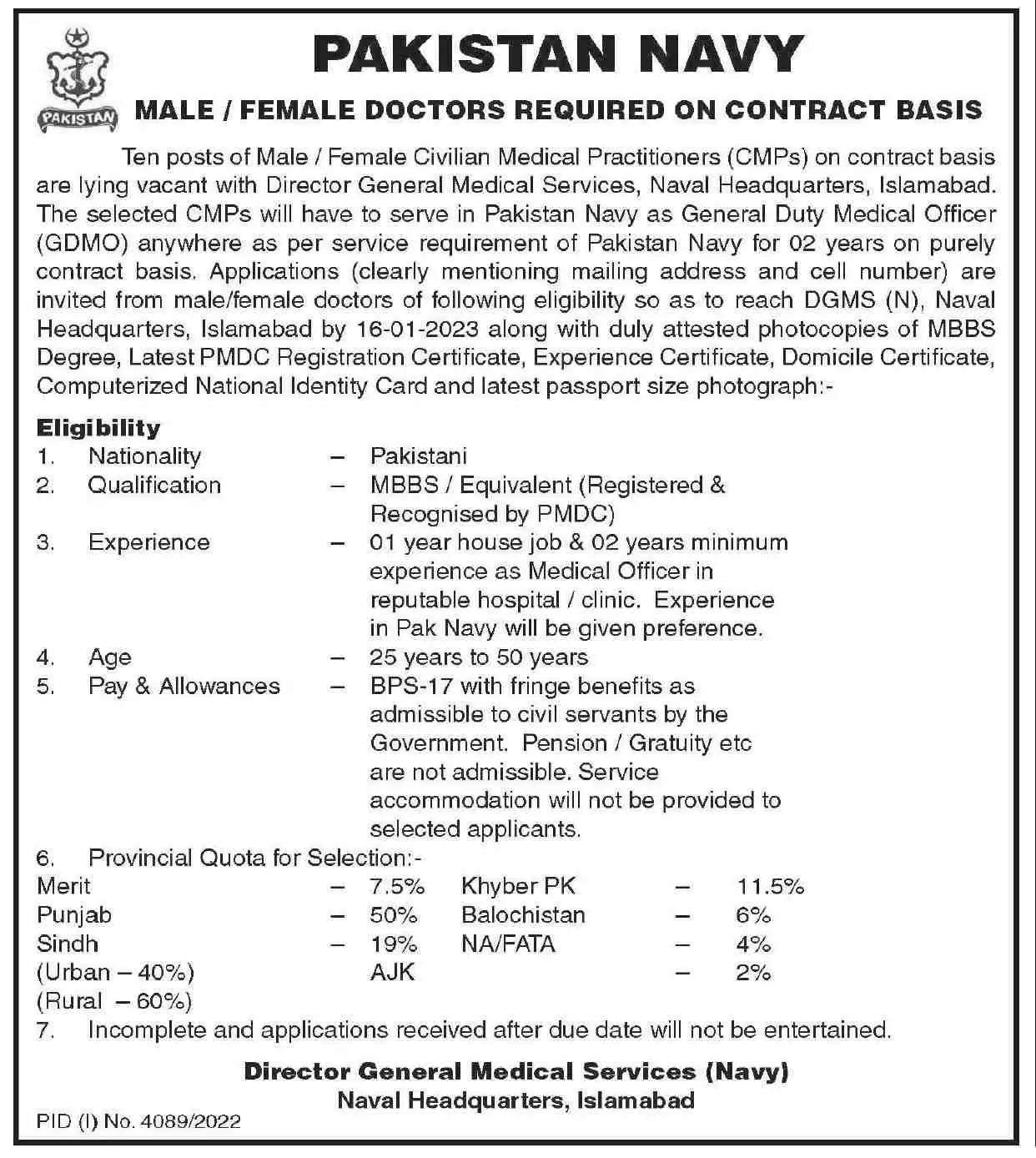 Pakistan Navy Islamabad Jobs 2023 Jobs 2023 — original advertisement