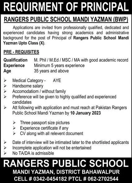 Ranger Public Schoool Mandi Yazman District Bahawalpur Jobs – Punjab Rangers Jobs 2023 — original advertisement