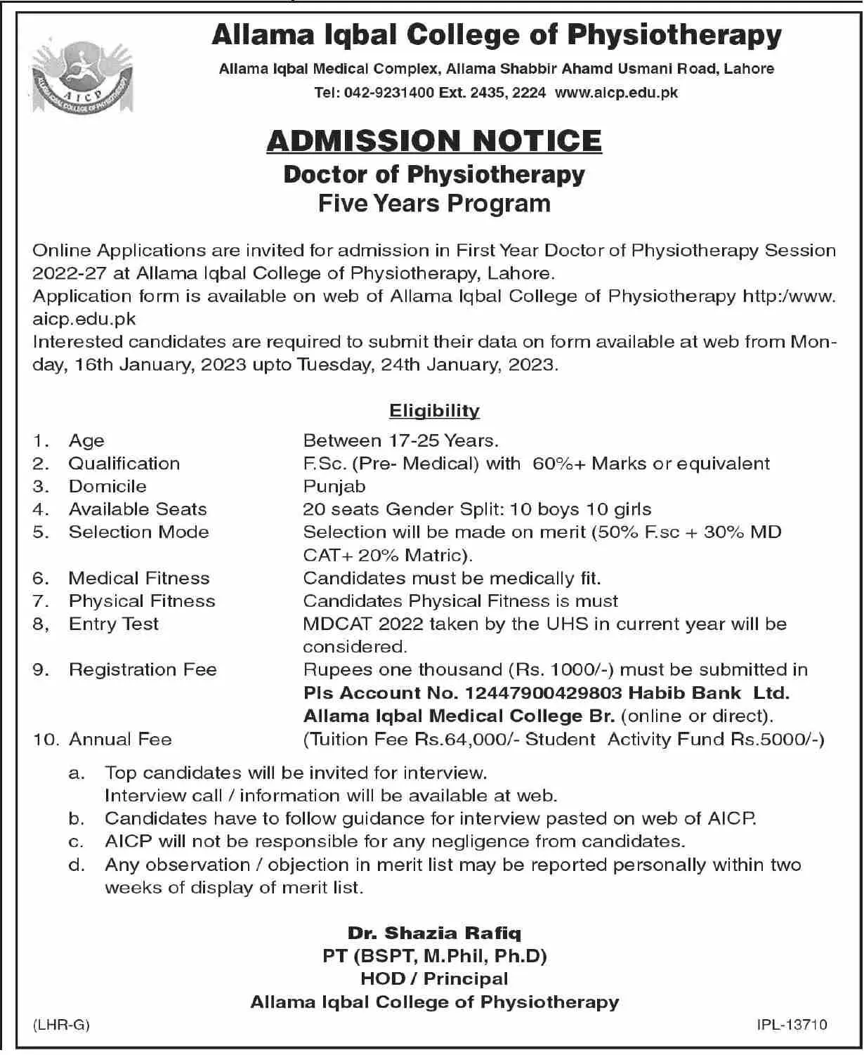 Allama Iqbal College of Physiotherapy Admission 2023 Admissions 2023 — original advertisement