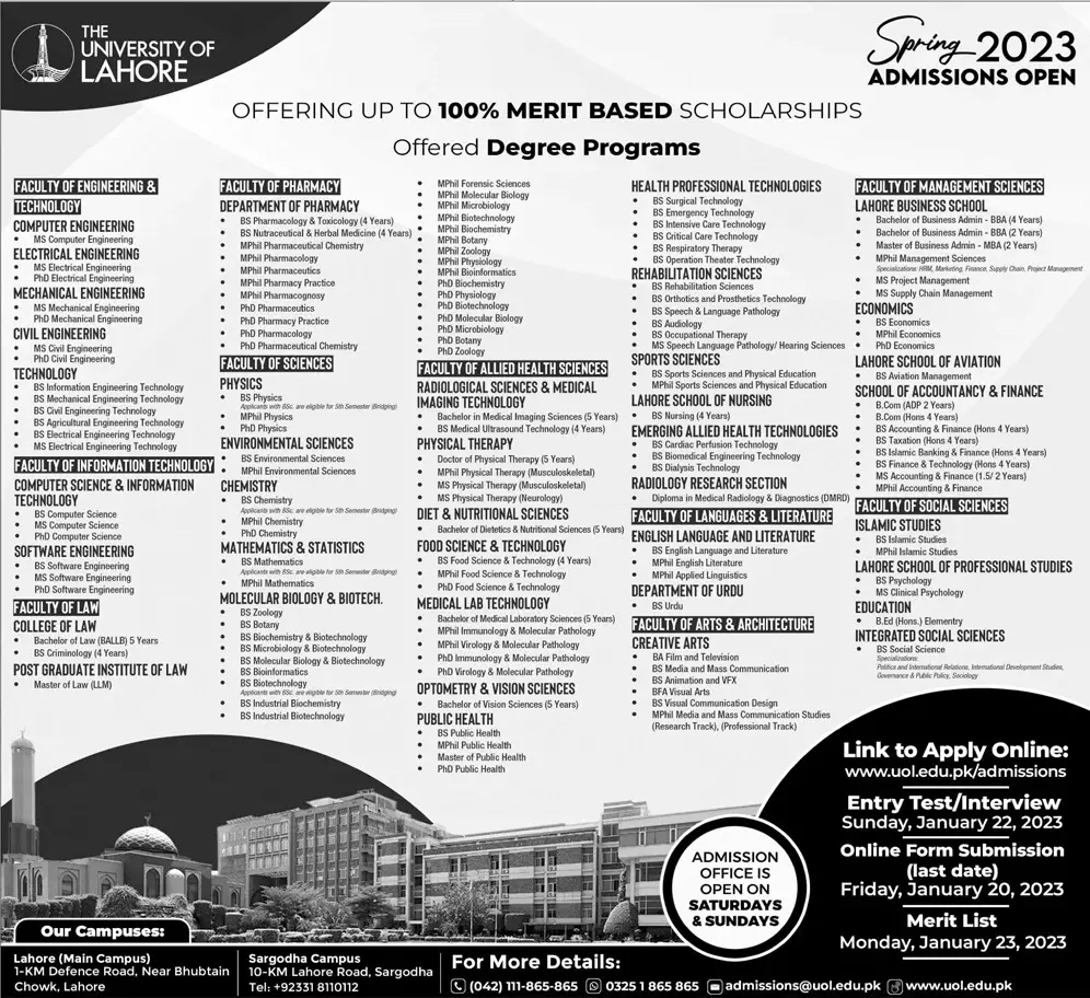 University of Lahore Admissions 2023 Admissions 2023 — original advertisement