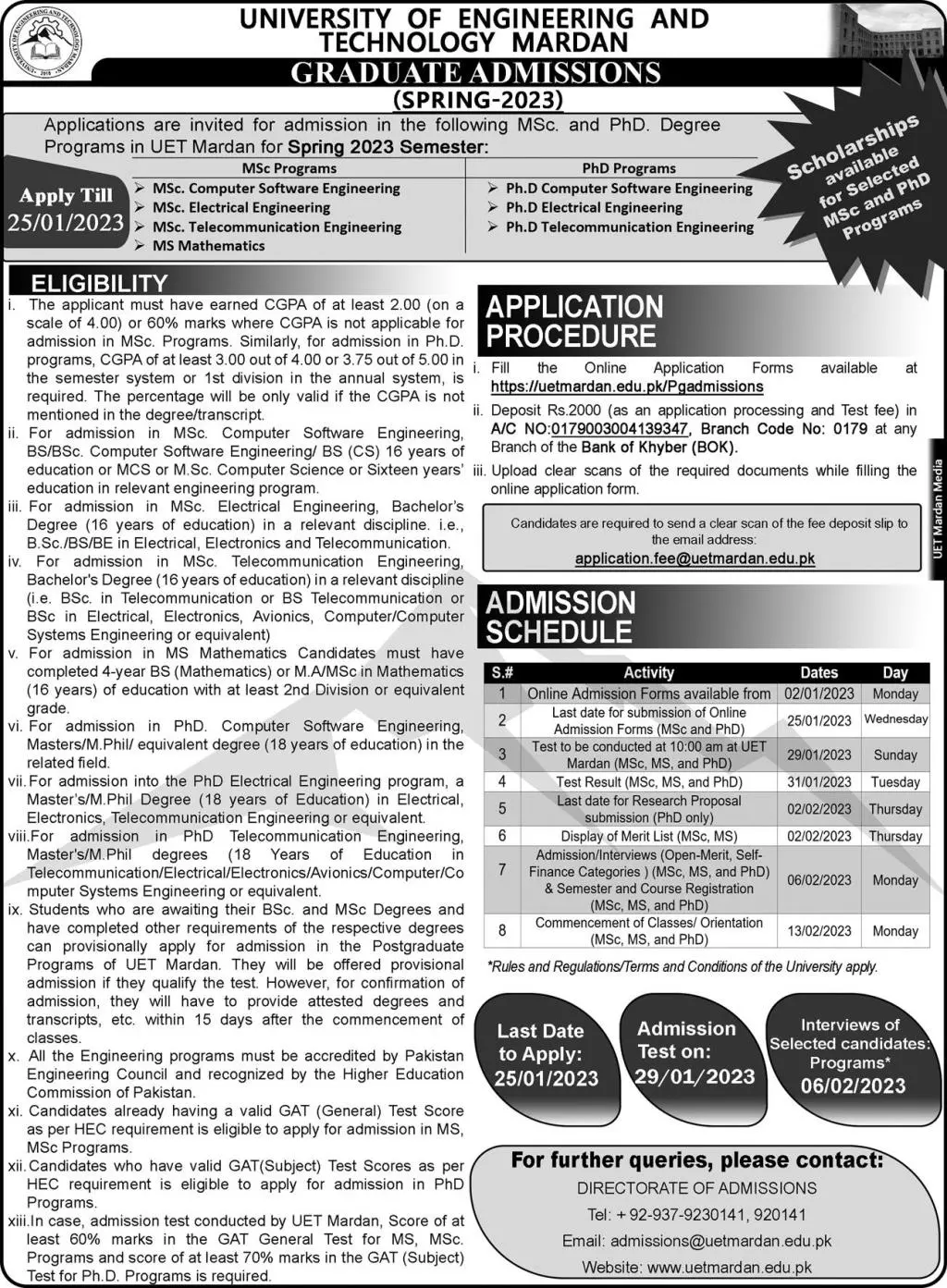 University of Engineering and Technology Mardan Admissions Admissions 2023 — original advertisement