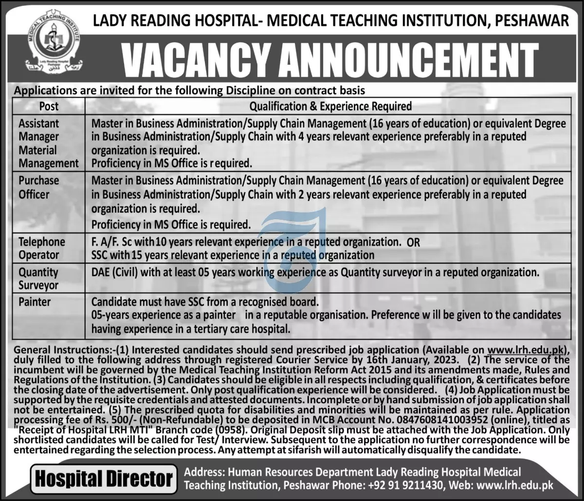 Lady Reading Hospital Peshawar Khyber Pakhtunkhwa Jobs 2023 Jobs 2023 — original advertisement
