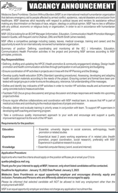 Medecins Sans Frontiers MSF Balochistan jobs 2023 – Medecins Sans Frontières (MSF) Jobs 2023 — original advertisement