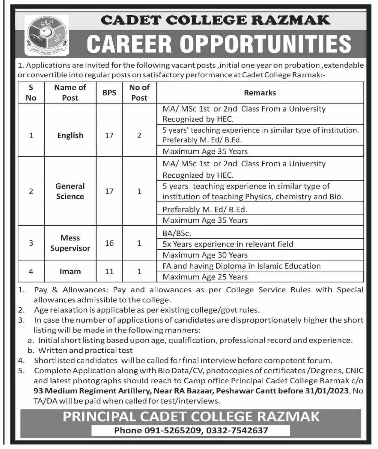 Cadet College Razmak Jobs 2023 Jobs 2023 — original advertisement