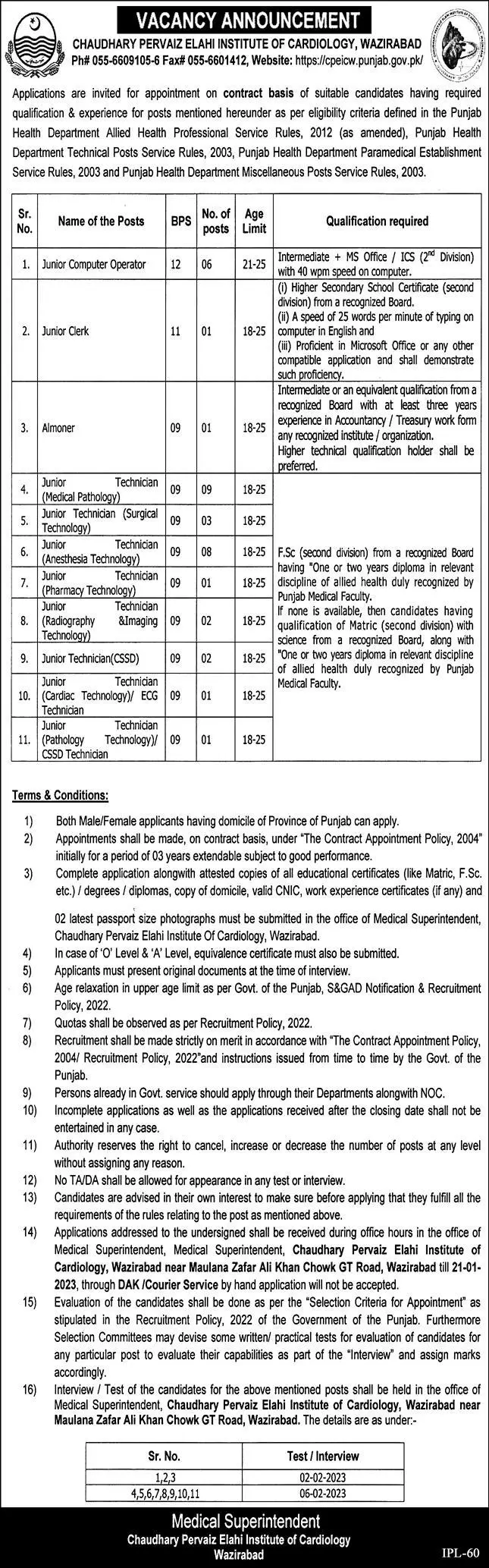Chaudary Pervaiz Elahi Institute of Cardiology Wazirabad Job – Chaudhry Pervaiz Elahi Institute of Cardiology Multan Jobs 2023 — original advertisement
