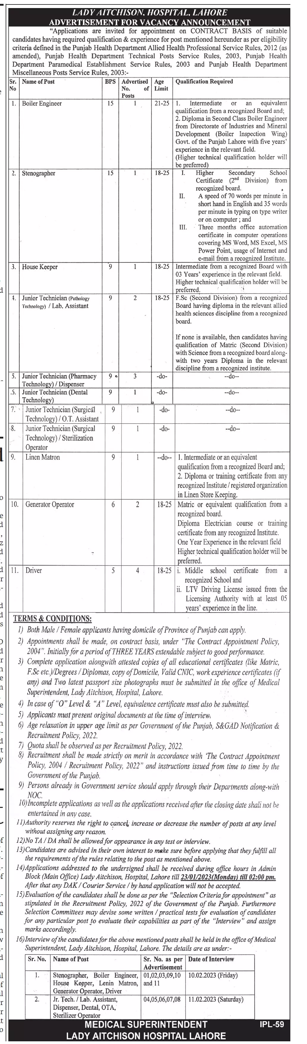 Lady Aitchison Hospital Lahore Punjab Jobs 2023 Jobs 2023 — original advertisement