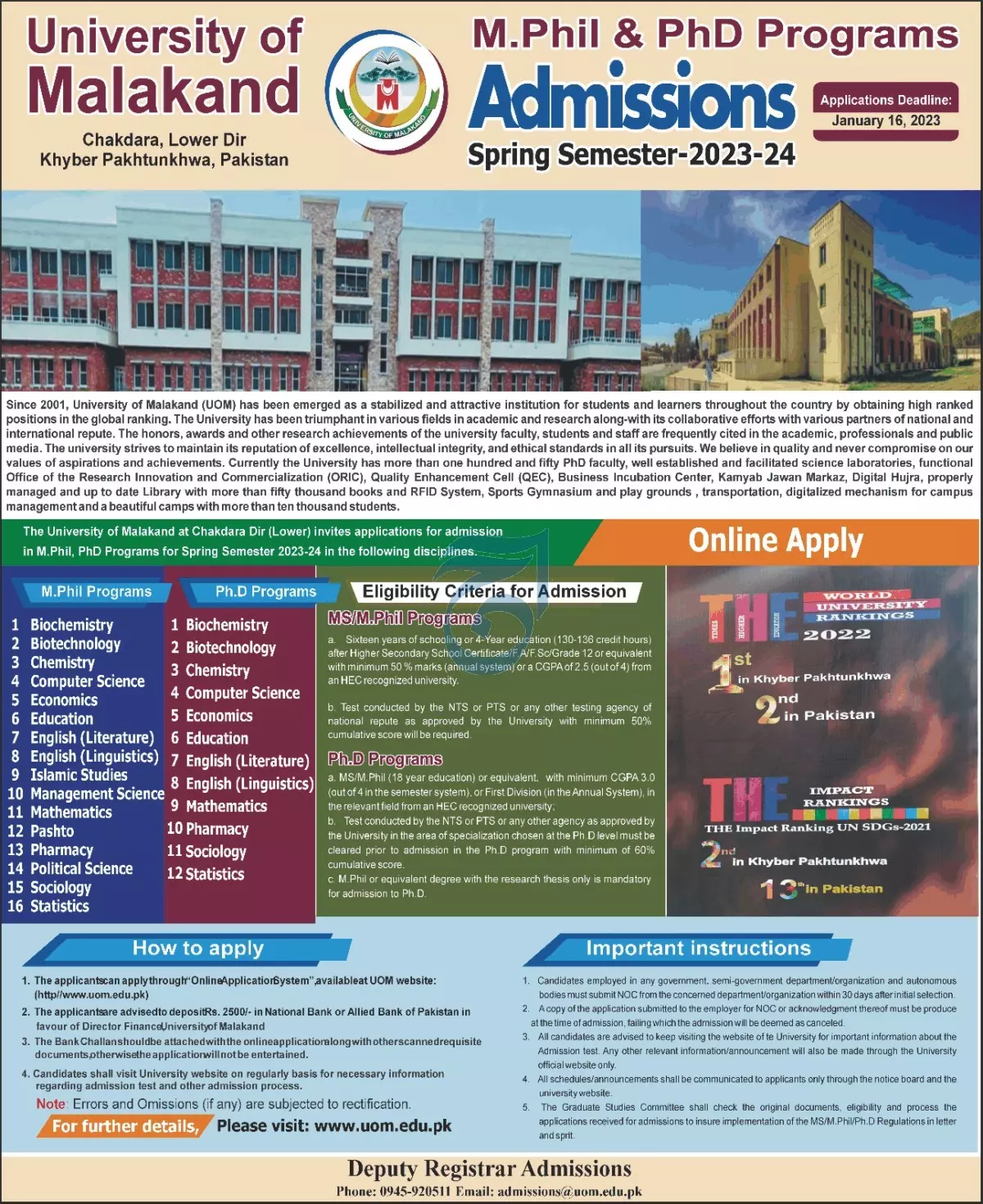 University of Malakand Khyber Pakhtunkhwa Admissions 2023 – University of Malakand lower Dir Admissions 2023 — original advertisement