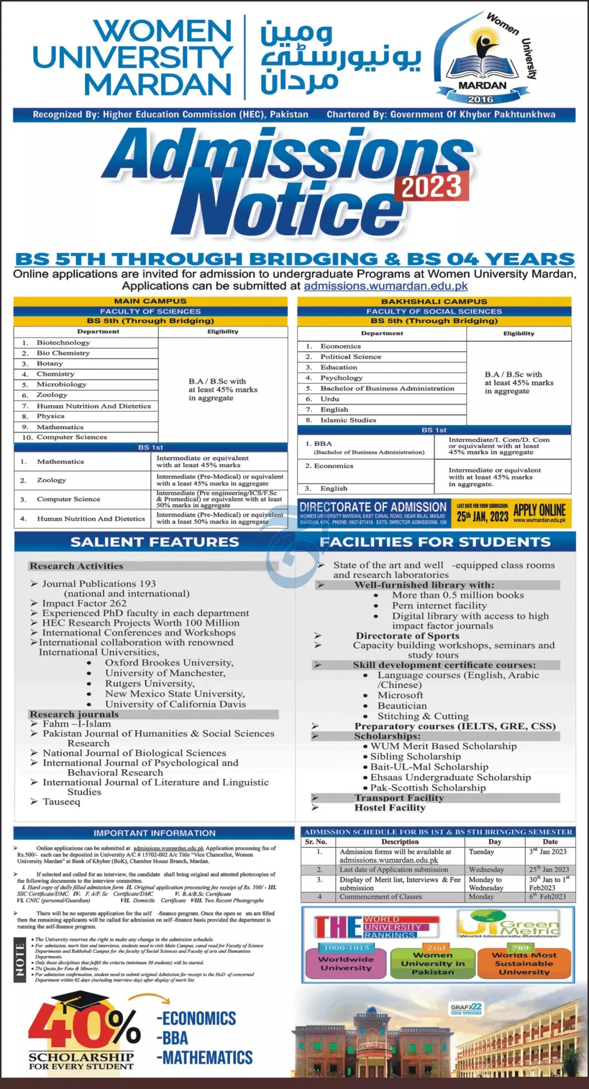 Woman University Mardan Admission 2023 – Women University Mardan Kpk Admissions 2023 — original advertisement