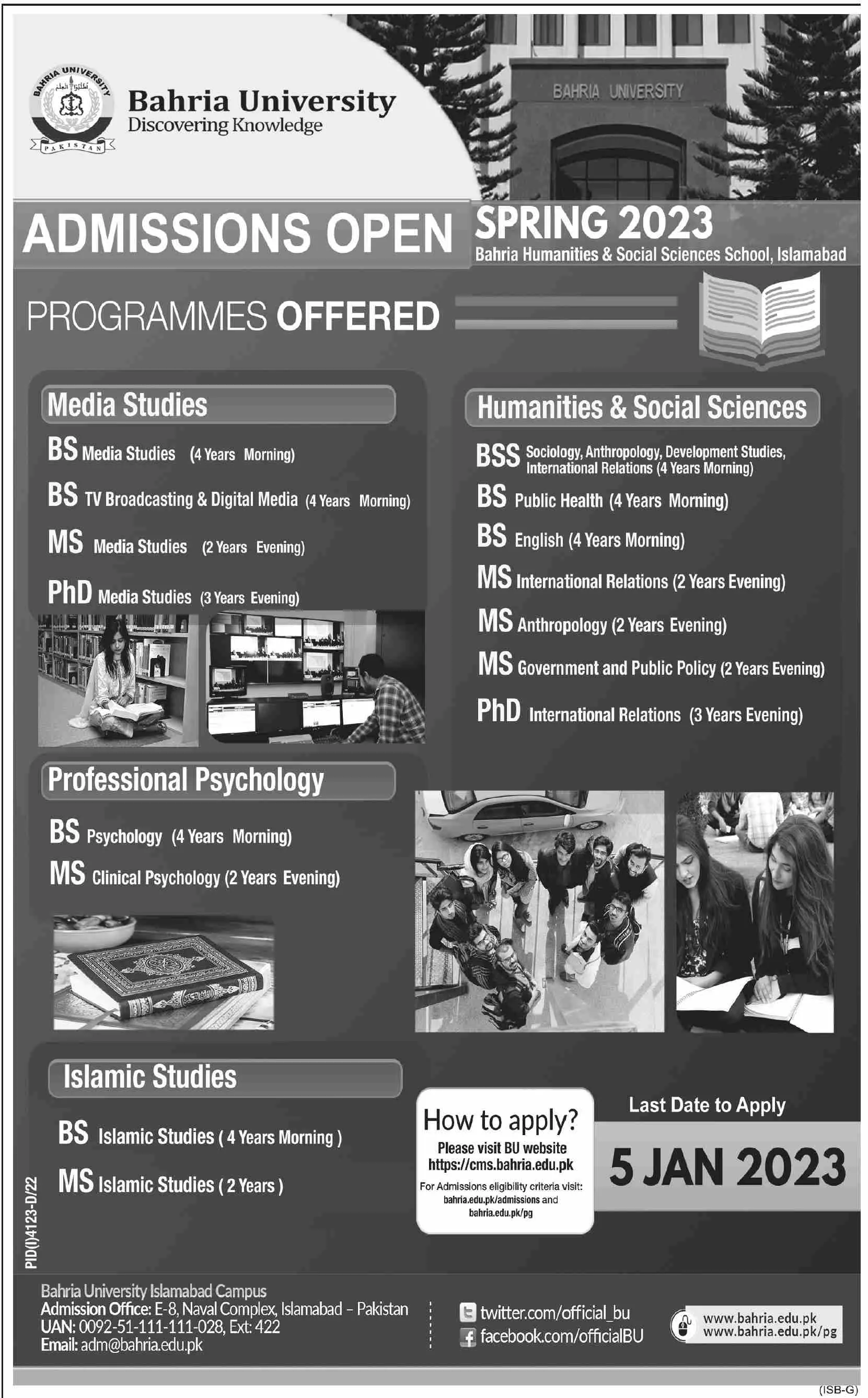 Bahria University Islamabad Admissions 2023 Admissions 2023 — original advertisement