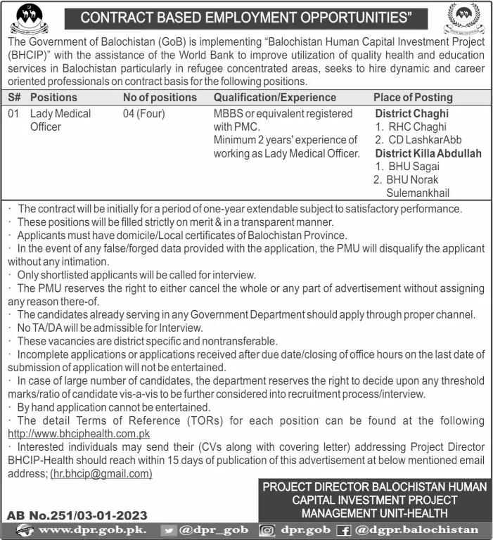 Balochistan Human Capital Investment Project Jobs 2023 – Govt of Balochistan Jobs 2023 — original advertisement