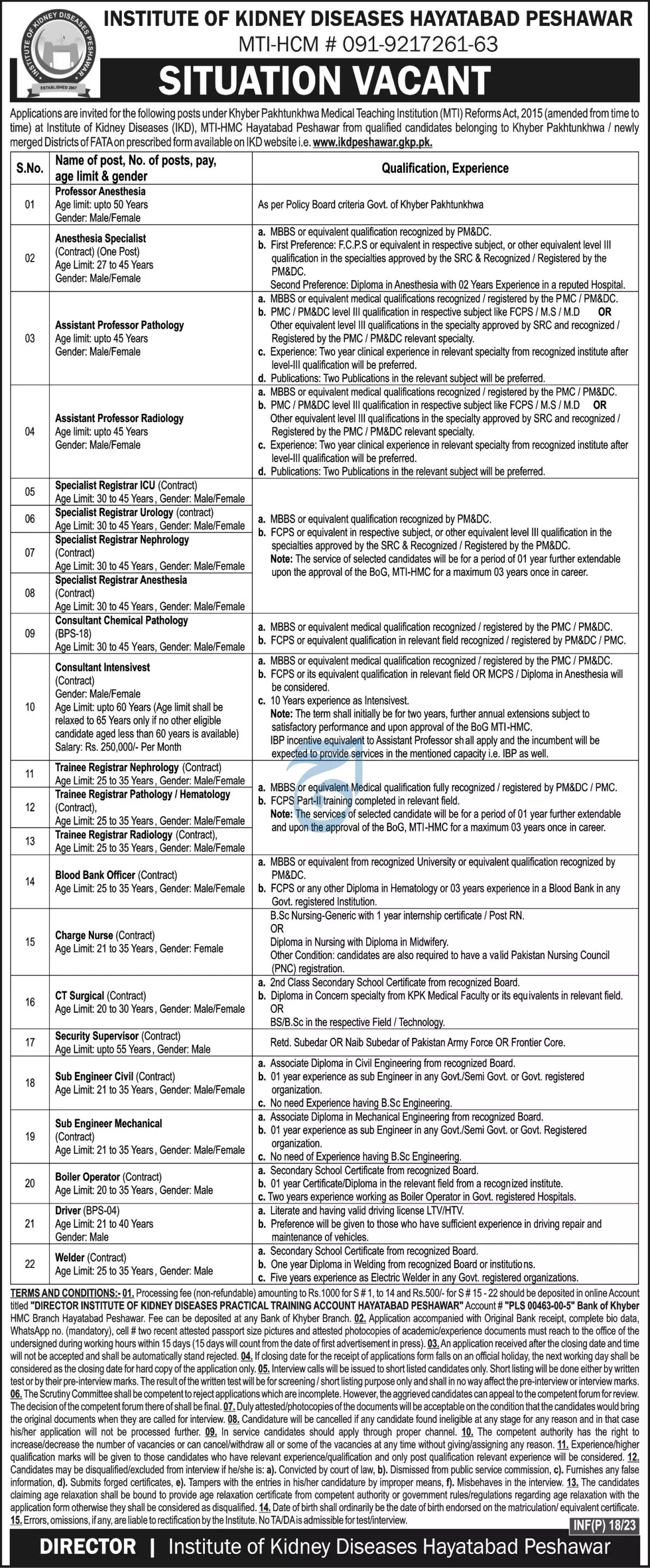 Institute of Kidney Diseases Hayatabad Peshawar Jobs 2023 – Institute of Kidney Diseases Peshawar Jobs 2023 — original advertisement