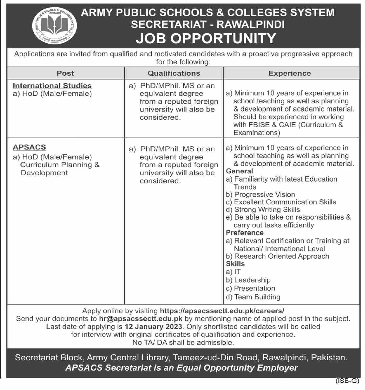 Army Public School & Colleges System Rawalpindi Jobs 2023 – Army Public School & College Paksitan Jobs 2023 — original advertisement