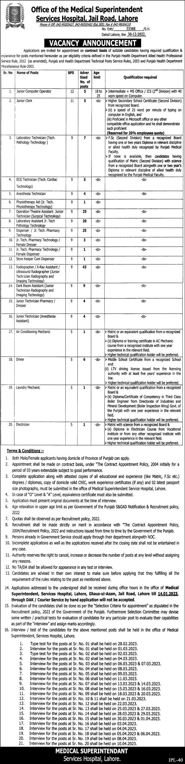 Medical superintendent Service Hospital Lahore Jobs 2023 Jobs 2023 — original advertisement