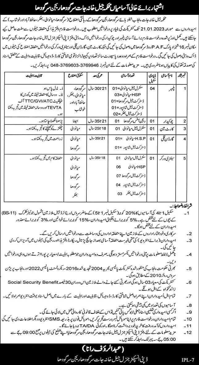 Prisons Department Sargodha Punjab Jobs 2023 – Prisons Department Punjab Jobs 2023 — original advertisement