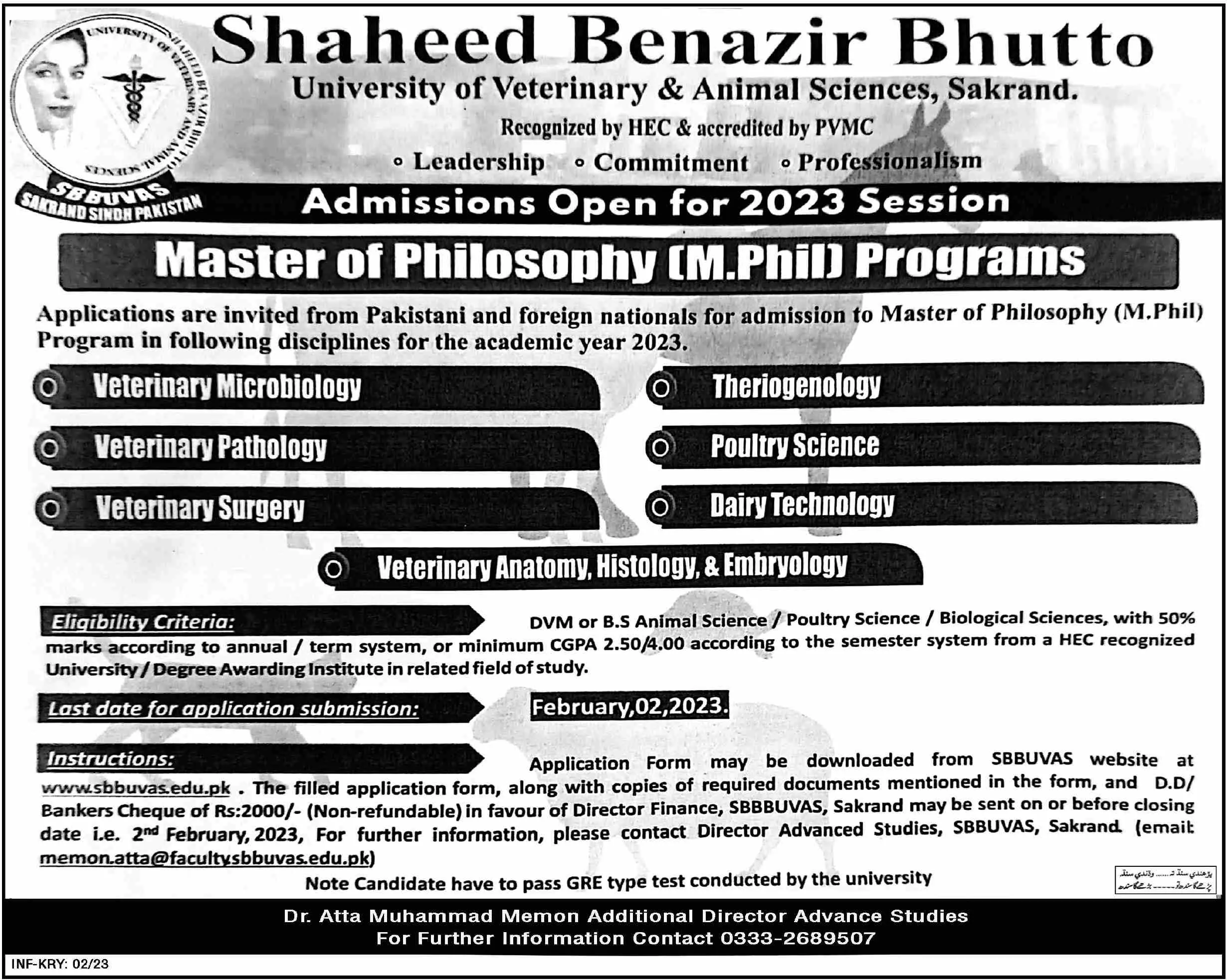 Shaheed Benazir Bhutto University of Veterinary Admissions – Shaheed Benazir Bhutto University of Veterinary & Animal Sciences Sakrand Sindh Admissions 2023 — original advertisement