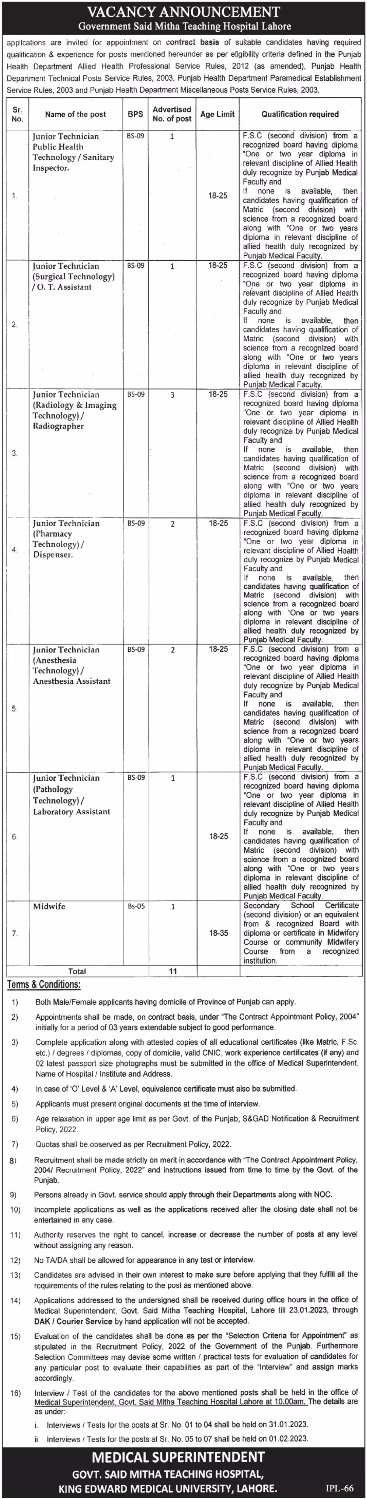 Government Said Mitha Teaching Hospital Jobs 2023 – Health Department Punjab Jobs 2023 — original advertisement