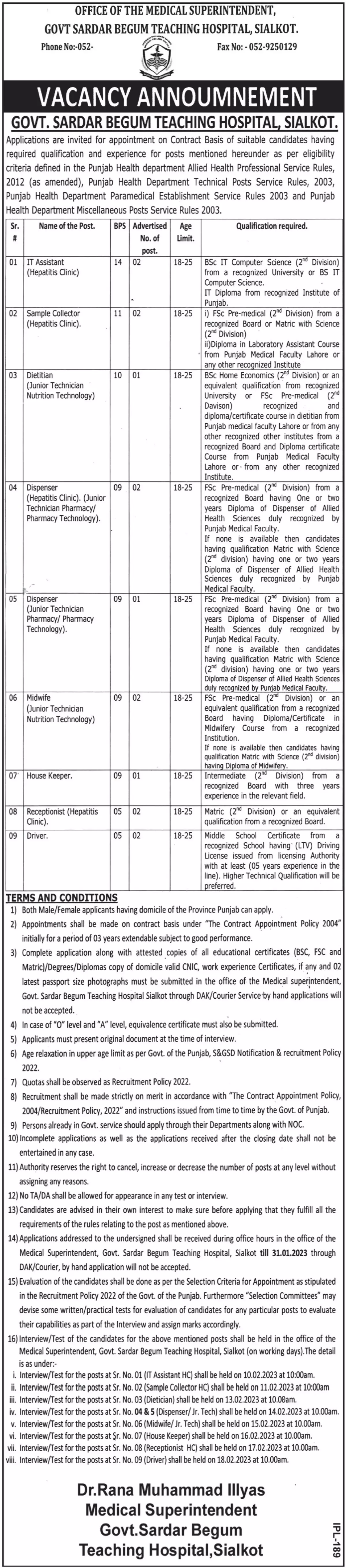 Govt Sardar Begum Teaching Hospital Sialkot Jobs 2023 Jobs 2023 — original advertisement