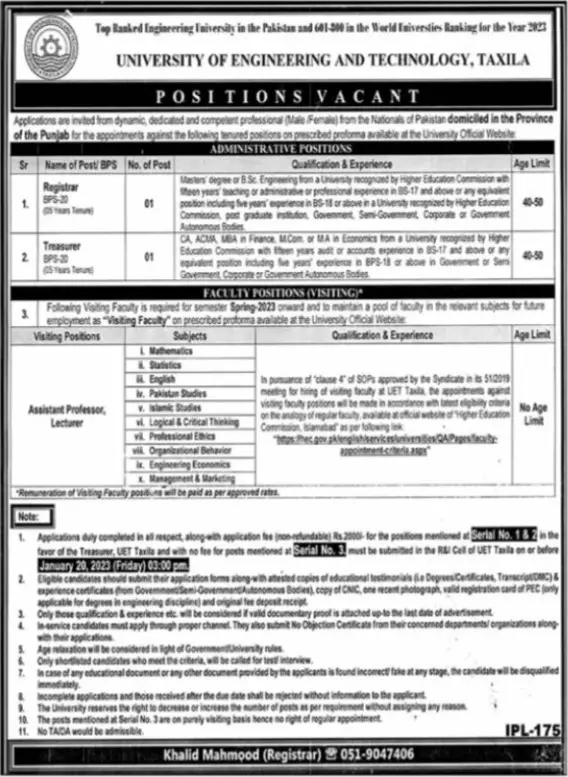 University of Engineering and Taxila Jobs 2023 – University of Engineering and Technology Taxila Jobs 2023 — original advertisement