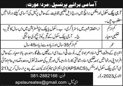 Army Public School APS Quetta 2023 – Army Public School & College Paksitan Jobs 2023 — original advertisement