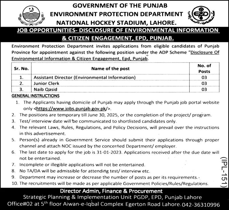 Enviroment Protection department Punjab Jobs 2023 – Environment Protection Department Punjab Jobs 2023 — original advertisement