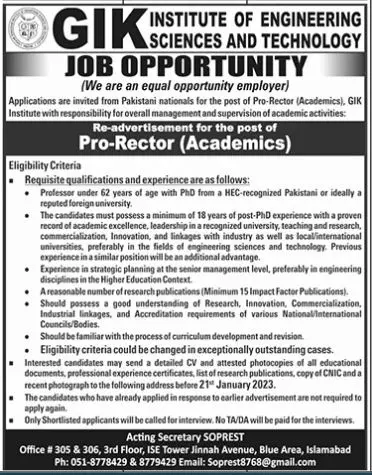 Ghulam Ishaq Khan Institute of Engineering science Jobs – Ghulam Ishaq Khan GIK Institute of Engineering Sciences and Technology Swabi Jobs 2023 — original advertisement